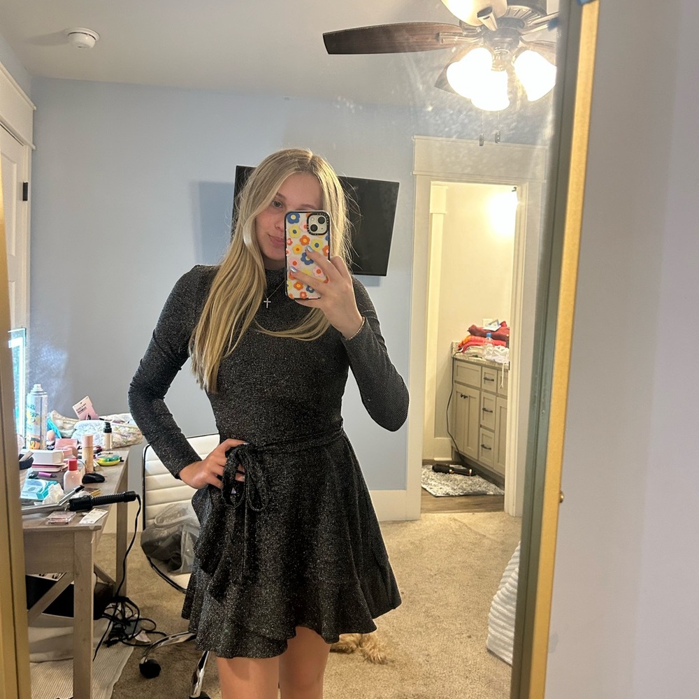 Black Glittery Long Sleeve Mini Dress